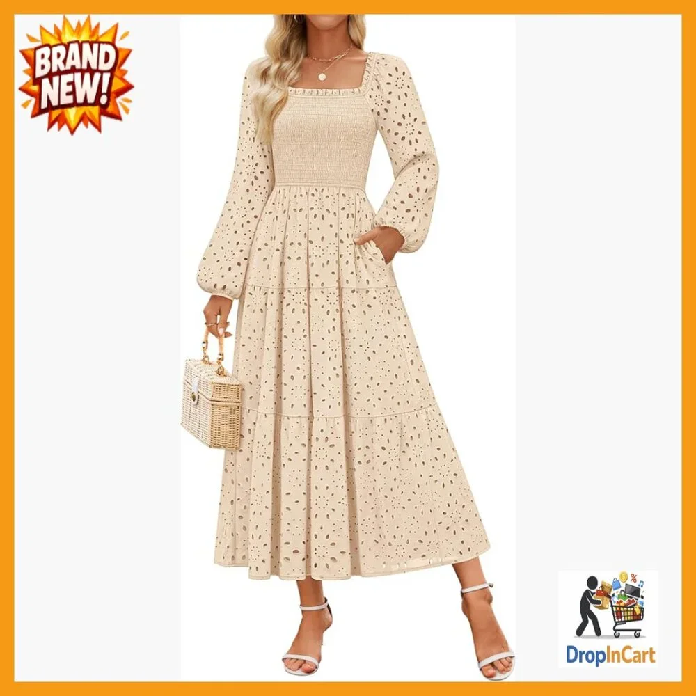 Elegant Maxi Dress Long Sleeve Square Neck Smocked Waist Boho Party Wear